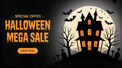 Special offer halloween mega sale with haunted house and bats against a full moon, perfect for seasonal promotions and advertising