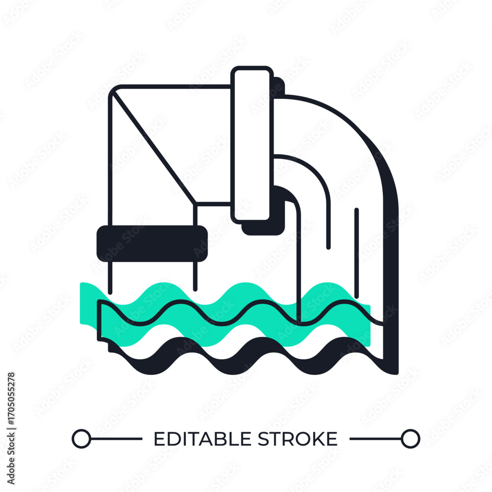Poster water sources overuse offset shadow line icon. pile with running water. plumbing system damage. scar