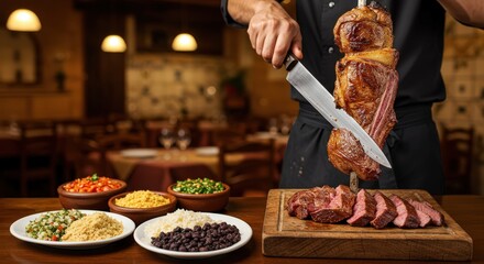 A vibrant Brazilian churrascaria. Large skewers of picanha (top sirloin) being carved by a gaucho chef onto a plate, with traditional side dishes.