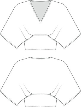 v neck dolman batwing short sleeve elastic banded crop cropped slouchy loose blouse top template technical drawing flat sketch cad mockup fashion woman design style model 
