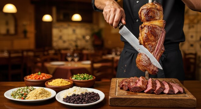 A vibrant Brazilian churrascaria. Large skewers of picanha (top sirloin) being carved by a gaucho chef onto a plate, with traditional side dishes.