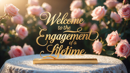 A luxurious golden text “Welcome to the engagement of a lifetime” on golden sign in elegant calligraphy. The sign sits on a white table