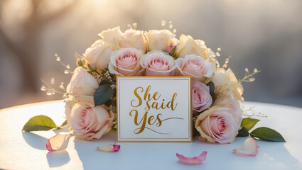 A luxurious golden text She Said Yes in elegant cursive calligraphy, adorned with delicate fresh roses in soft pastel hues