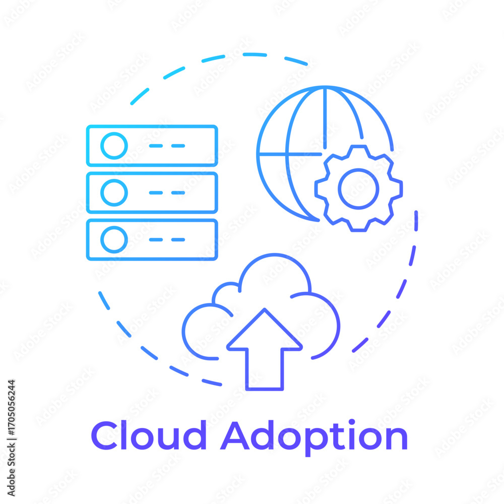 Poster cloud adoption blue gradient concept icon. data storage, servers. internet, network. round shape lin