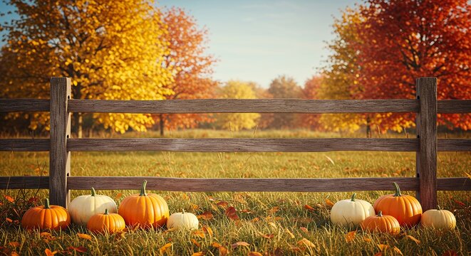 Autumnal fall scene with pumpkins and fence