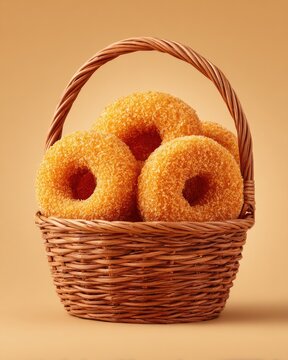 Golden donuts in a wicker basket