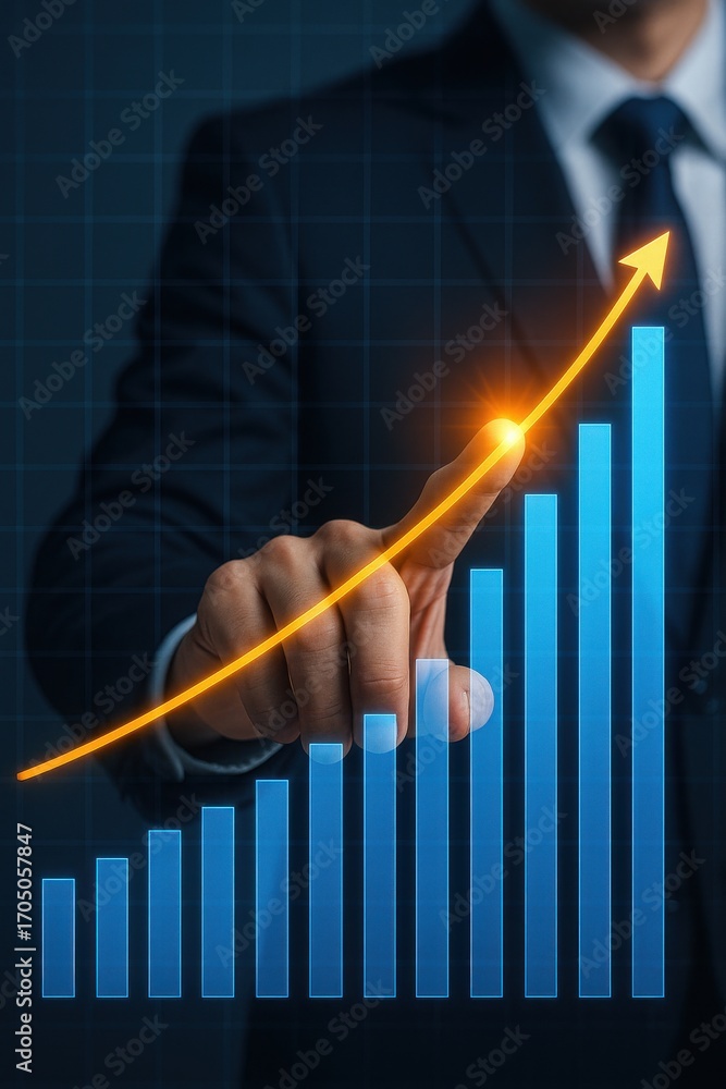 Poster businessman pointing at rising graph with orange arrow and bar charts on dark background