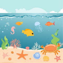 Naklejka premium Underwater world. Vector modern abstract illustration of summer, sea, ocean, shell, turtle, crab, jellyfish, fish, shrimp, octopus, starfish, seaweed for banner, card or background