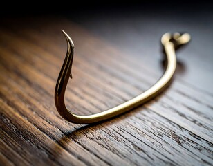 Close-up of a gold fishing hook on wood