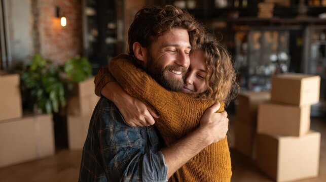 Couple embraces affectionately after moving into new home with cardboard boxes in the background