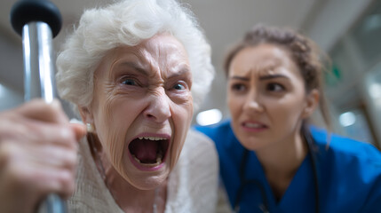 Angry Elderly Woman Yelling at Young Person in Healthcare Setting with Concerned Attendant Nearby