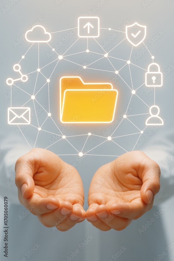 Poster hands holding digital folder icons with cloud, email, security, and user symbols for network concept