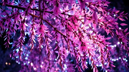 Vibrant Pink Leaves Under Lights - A canopy of vivid pink leaves hangs against a backdrop of twinkling lights. The scene exhibits a mystical ambience with deep contrast.