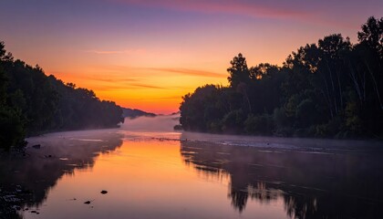 Obraz premium A tranquil river scene at sunrise, showcasing a calm river reflecting the vibrant colors of the sky, with dense forest lining the banks, enveloped in a gentle morning mist.