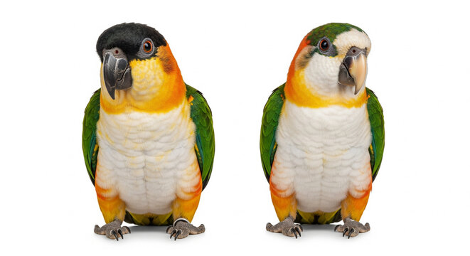 Two Colorful Caique Parrots Standing Side by Side on Isolated transparent background
