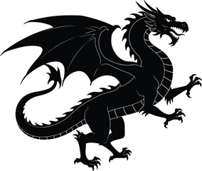 Fantasy dragon silhouette, mythical creature artwork, black dragon illustration, flying beast design, heraldic emblem, medieval tattoo art, monster graphic