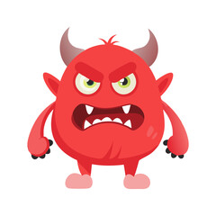 A red, cartoon monster with horns, fangs, and an angry expression.