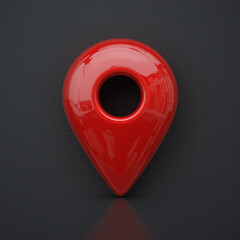 Glossy red 3D location pin icon on black background. Map marker navigation symbol in modern style