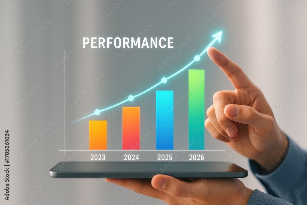 Poster hand holding tablet displaying performance chart with growth indicators and future projections