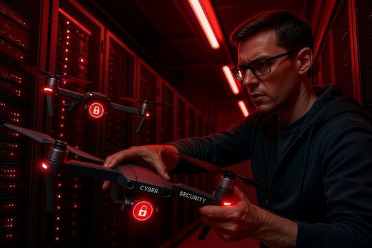 Cybersecurity expert deploying advanced security drones in a data center during a red alert to protect critical network infrastructure.