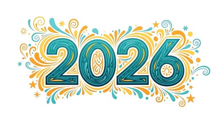 Obraz premium Decorative inscription 2026 with colorful swirls and stars isolated on white background