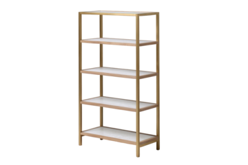 Modern gold metal shelving unit with white shelves, isolated on transparent background