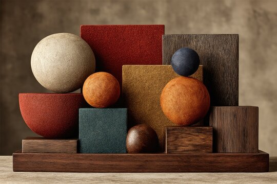 Geometric shapes,  warm colors,  wooden base - Powered by Adobe