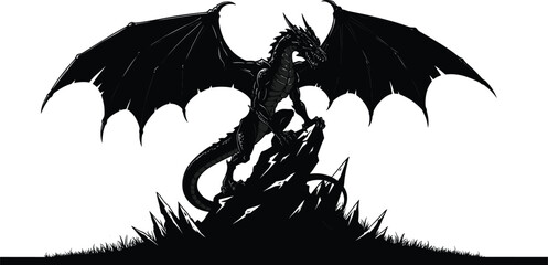 Majestic dragon silhouette with large wings standing on rocky cliff, mythical fantasy creature illustration, powerful tattoo style artwork design