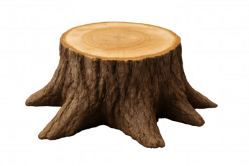 Weathered tree stump revealing detailed annual rings, showcasing natural wood texture against transparent backdrop