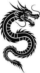 Traditional Asian dragon silhouette with curved body, mythical creature black vector design, tribal tattoo style illustration for fantasy artwork decoration