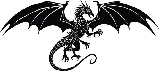 Fantasy dragon silhouette with wings spread wide, mythical creature black design, tribal tattoo style vector illustration for fantasy artwork logo
