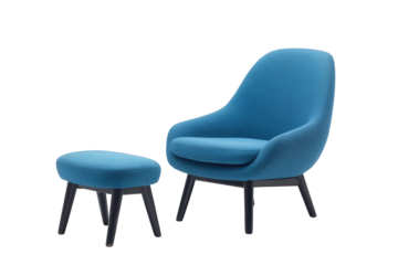 Modern blue armchair and ottoman isolated on transparent background
