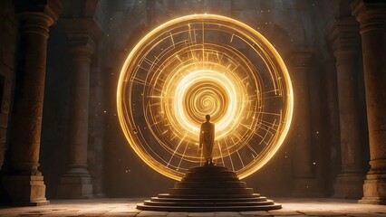 Obraz premium Man approaching a mysterious glowing light portal.