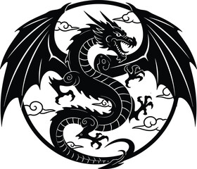 Black dragon circle emblem with wings, fantasy mythical beast tattoo design, gothic oriental style illustration, powerful legendary creature artwork