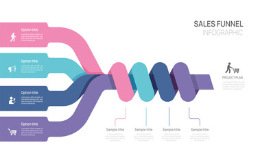 Sales funnel Infographic diagram template for business. Timeline 4 steps Tunnel, presentation vector infographics.