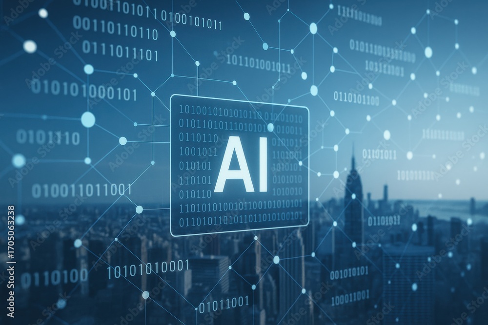 Aufkleber futuristic cityscape with artificial intelligence data visualization concept in digital network