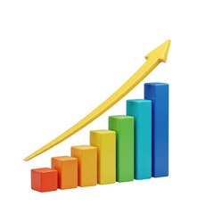 Colorful bar chart with upward trend arrow isolated on transparent background