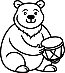 Grizzly bear playing drums. vector line art icon black and white white background