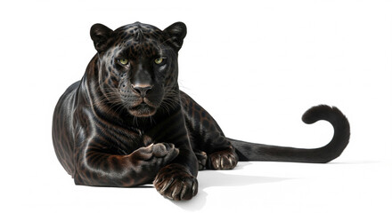 Obraz premium Majestic Black Panther Lying Down and Looking at Camera Isolated on transparent background