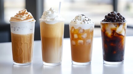 92.A refreshing collection of four different cold beverages in clear glass cups, including a creamy milkshake topped with a dollop of whipped cream, iced coffee with a foamy top, cold brew with ice