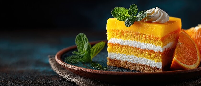 Slice of layered orange cake with whipped cream and mint