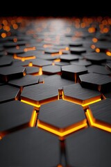 Obraz premium Abstract geometric pattern of dark gray hexagons with bright orange/yellow glowing edges, creating a futuristic, technological surface
