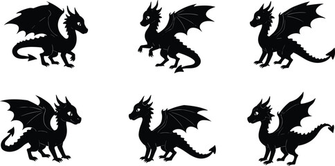 Cute dragon silhouettes in various poses, adorable mythical fantasy creatures with wings, cartoon baby dragon design perfect for kids artwork