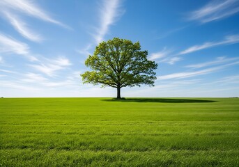 Obraz premium Tree under bright midday sun in green field.