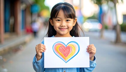 Smiling child holds up a drawing of a colorful heart outdoors, blurred street background