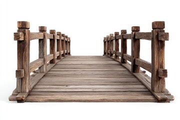 Wooden bridge, weathered brown planks,  simple railing