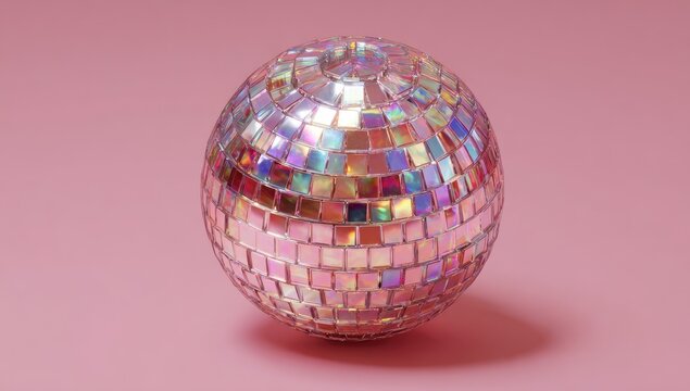 Shiny, iridescent disco ball on pink