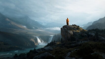 Monk in the orange robes in a hidden valley in the Himalayas, breathtaking view