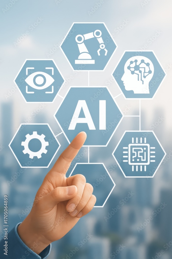 Poster hand pointing at ai concept with icons representing technology, automation, and intelligence