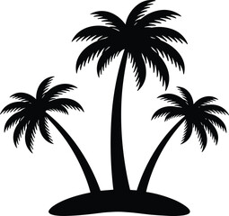 Silhouette of three tropical palm trees on small island, exotic beach vacation background, summer paradise decoration vector illustration design